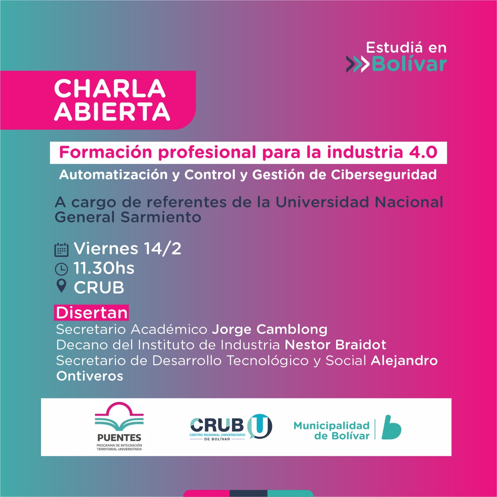 CRUB:TENDRÁ LUGAR UNA CHARLA ABIERTA SOBRE FORMACIONES PROFESIONALES EN LA INDUSTRIA 4.0